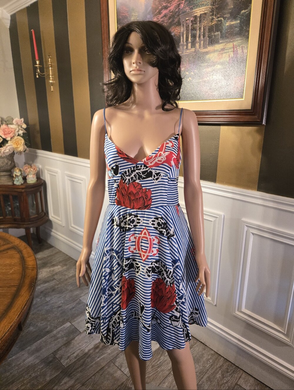 Desigual Blue and Red Striped Floral Spaghetti-Strap Mini Dress